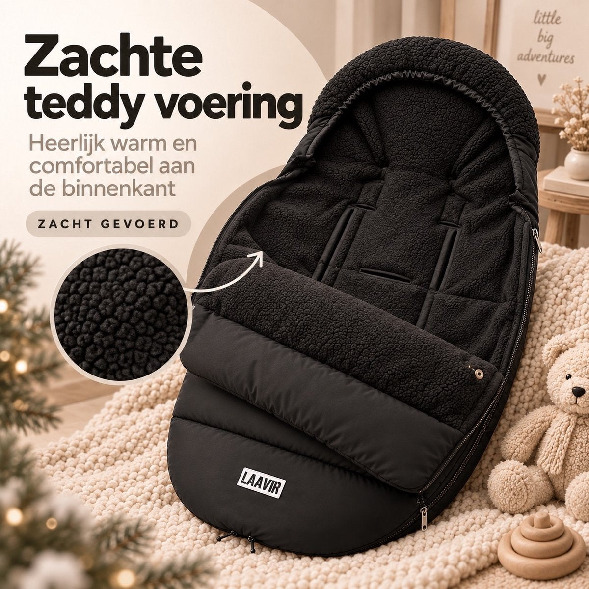 Laavir Voetenzak voor Buggy en Kinderwagen Zwart - zachte teddy voering aan de binnenkant