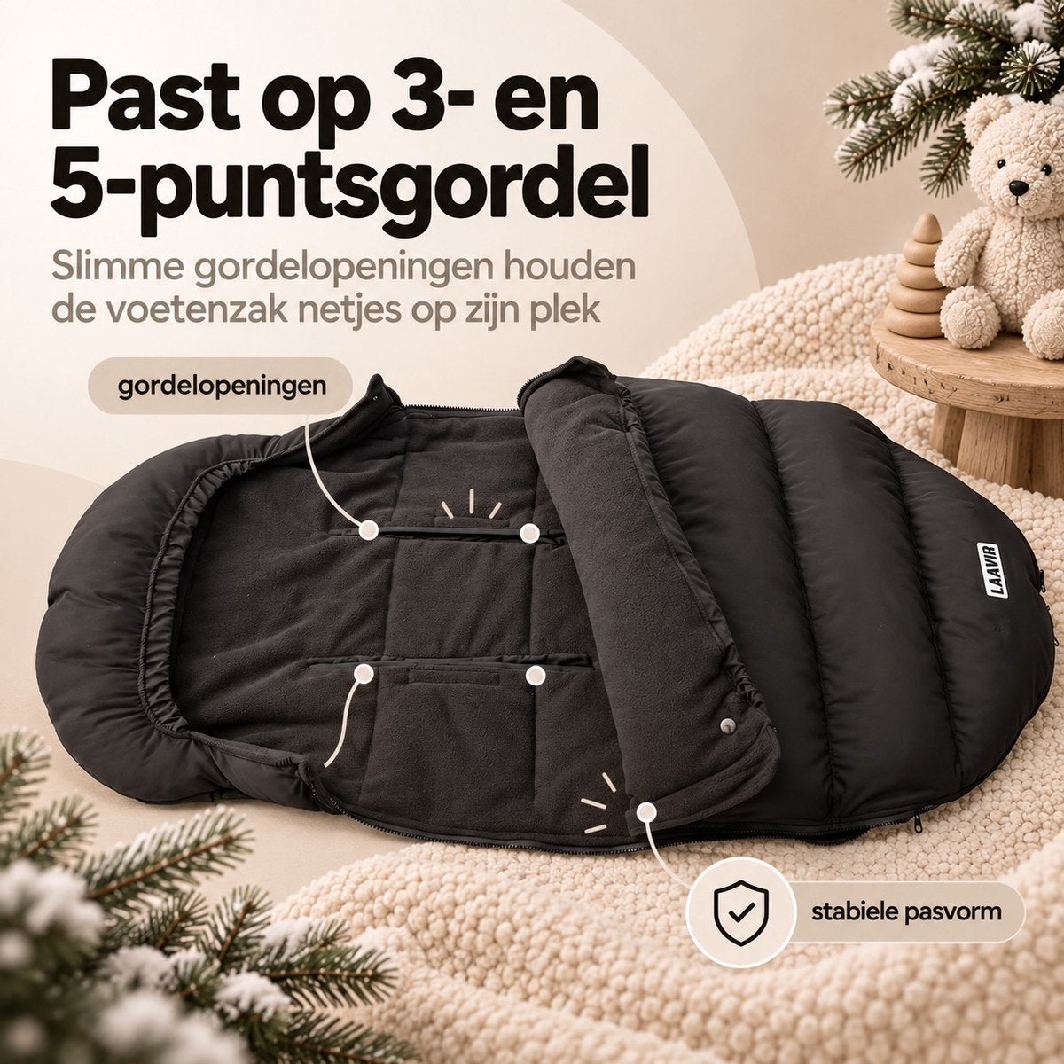 Laavir Voetenzak voor Buggy en Kinderwagen Zwart - opengevouwen met gordelopeningen