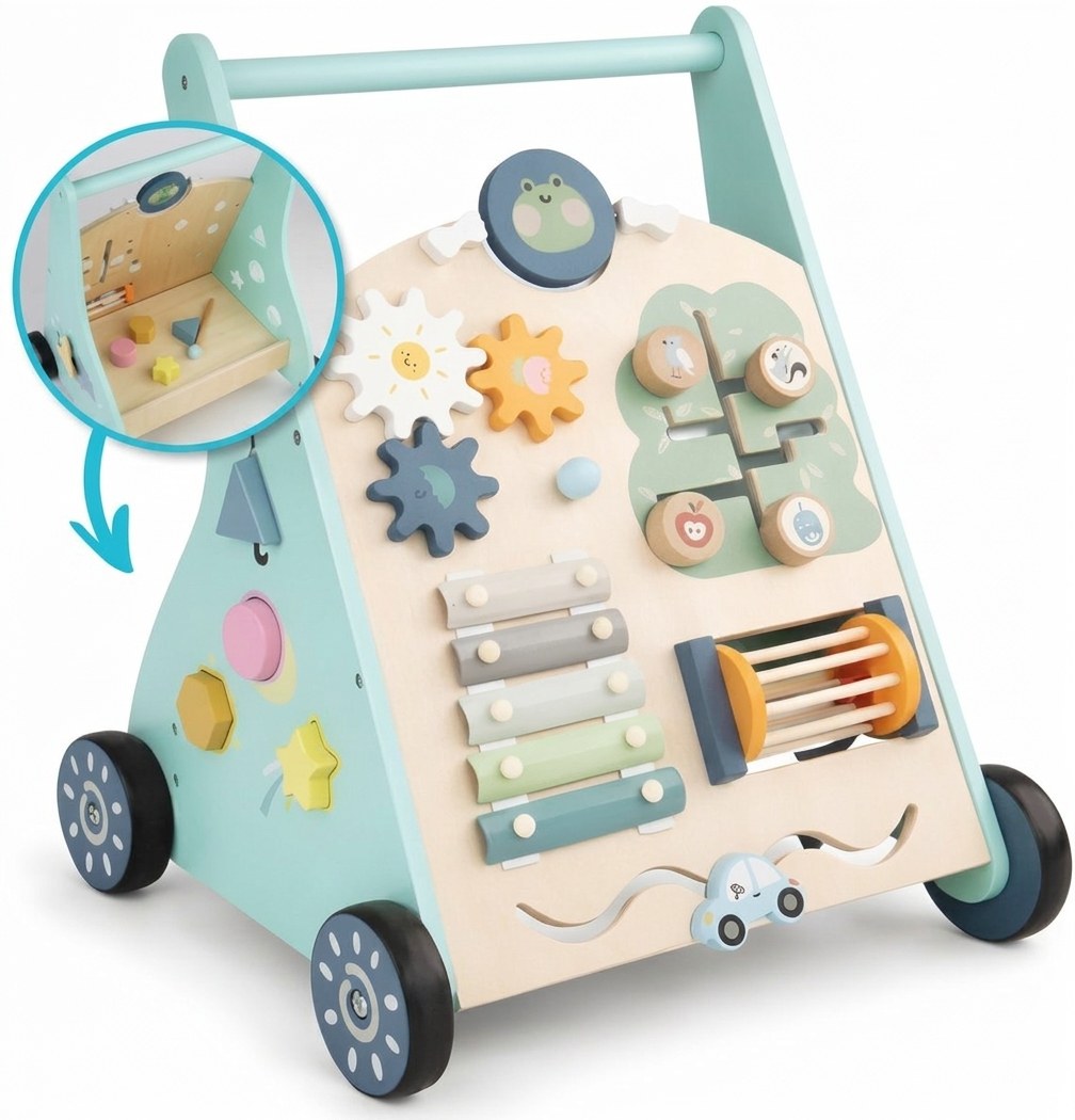 Houten Activiteiten Loopwagen - Montessori - Mintblauw (DE 1)