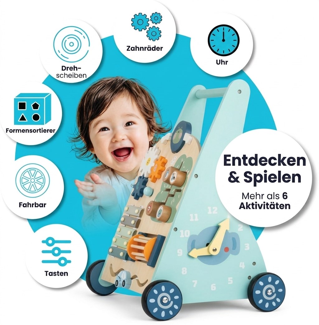 Houten Activiteiten Loopwagen - Montessori - Mintblauw (DE 5)