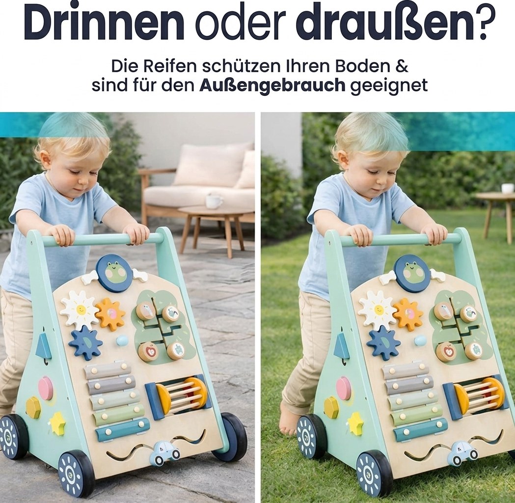 Houten Activiteiten Loopwagen - Montessori - Mintblauw (DE 6)