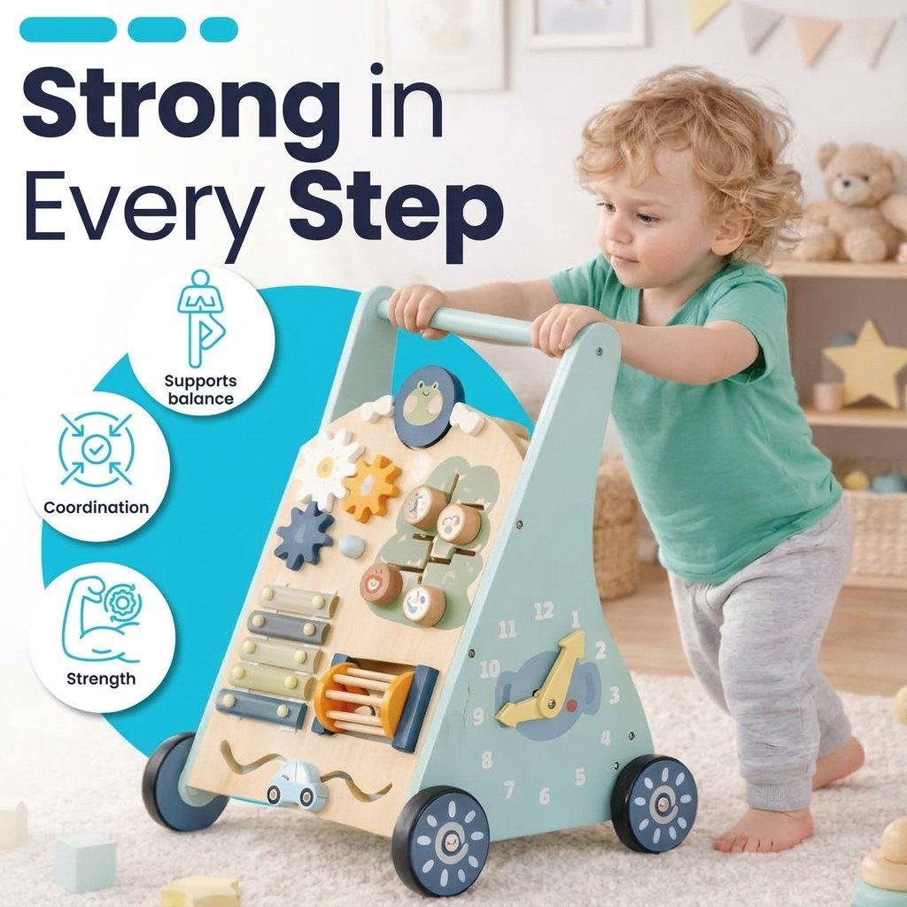 Houten Activiteiten Loopwagen - Montessori - Mintblauw (EN 4)