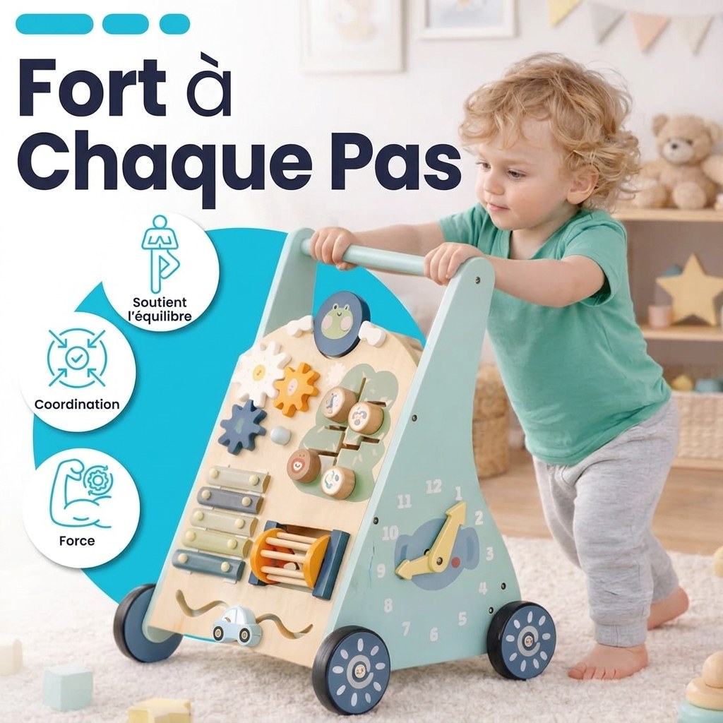 Houten Activiteiten Loopwagen - Montessori - Mintblauw (FR 4)