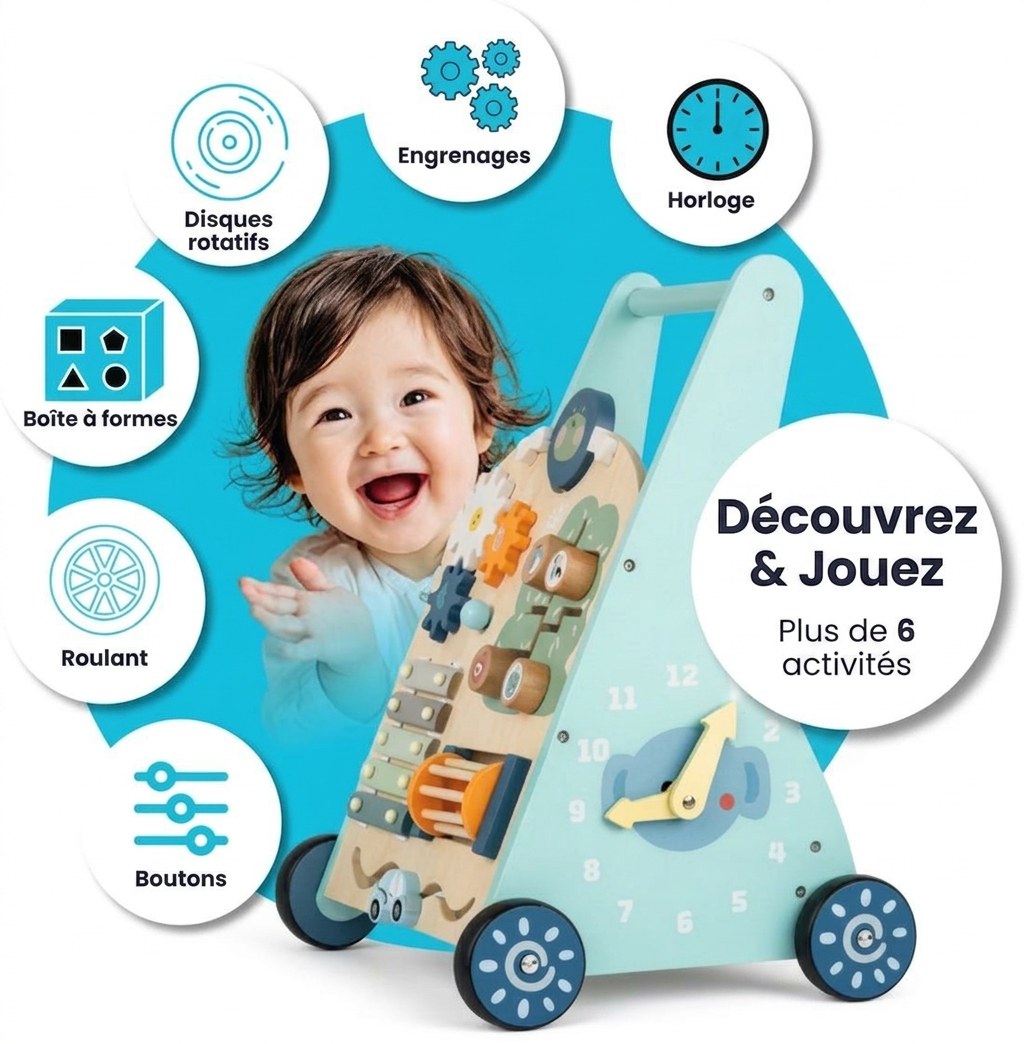 Houten Activiteiten Loopwagen - Montessori - Mintblauw (FR 5)