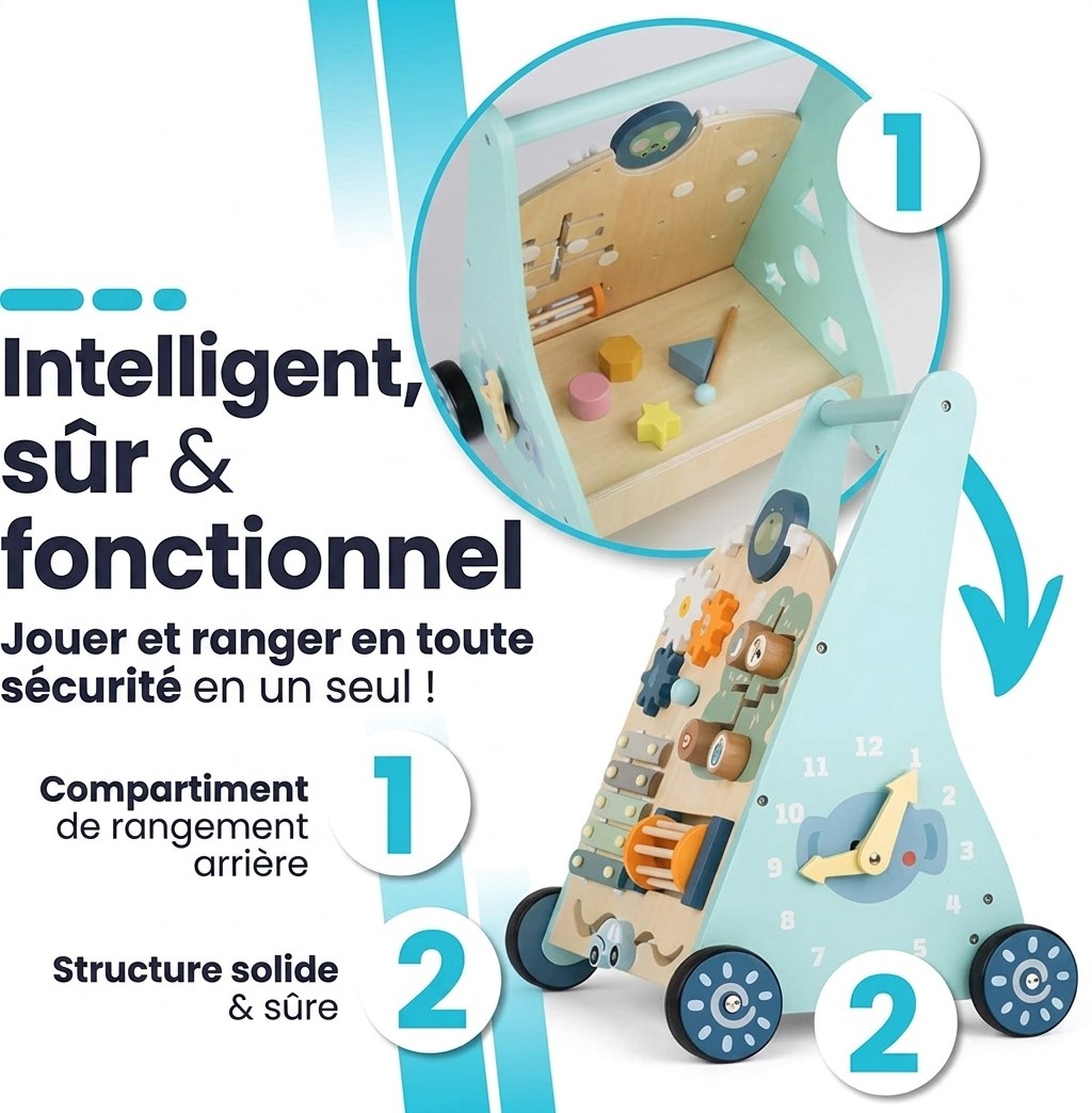 Houten Activiteiten Loopwagen - Montessori - Mintblauw (FR 7)