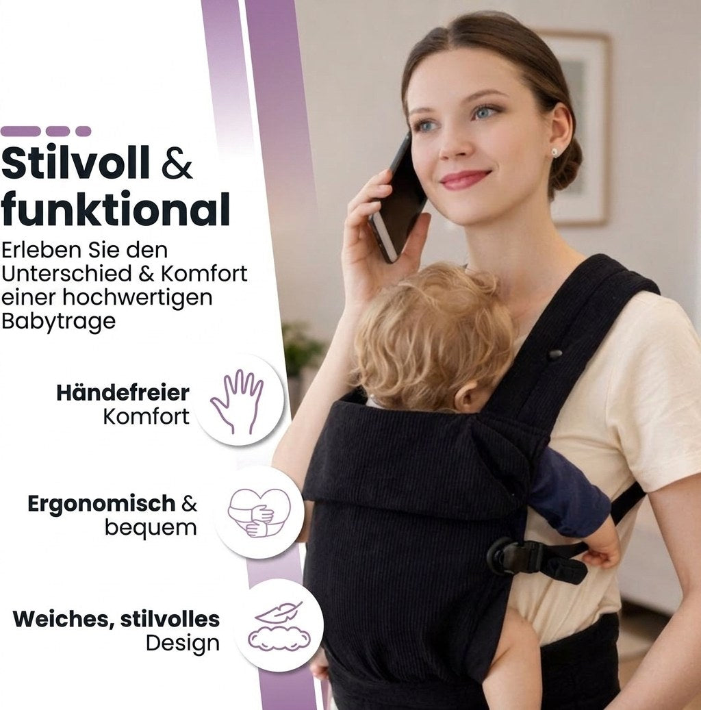 Baby Draagzak Corduroy Zwart Ergonomisch 0-36 Maanden Comfortabele Buikdrager Ademend & Verstelbaar (DE 5)