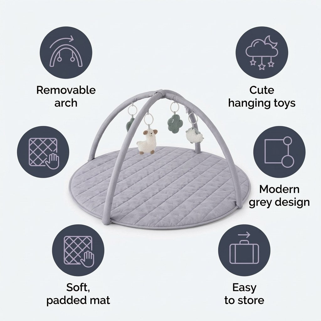 Babygym Speelkleed met Boog - Rond en Gewatteerd - Grijs (EN 8)