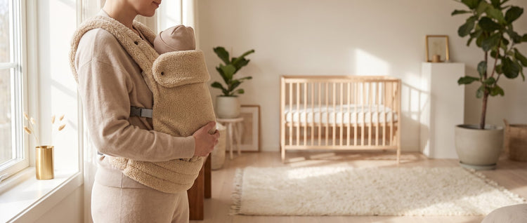 Ouder met baby in de Laavir teddy-draagzak