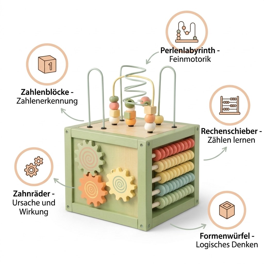 Houten Activiteitenkubus met Kralenspiraal - Montessori - Mintgroen (DE 2)