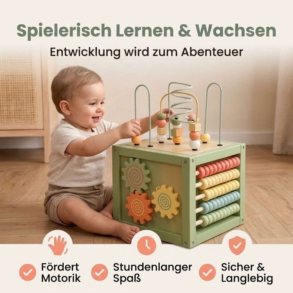 Houten Activiteitenkubus met Kralenspiraal - Montessori - Mintgroen (DE 3)