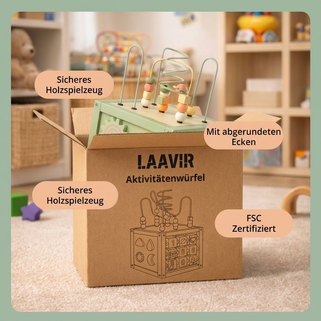 Houten Activiteitenkubus met Kralenspiraal - Montessori - Mintgroen (DE 4)