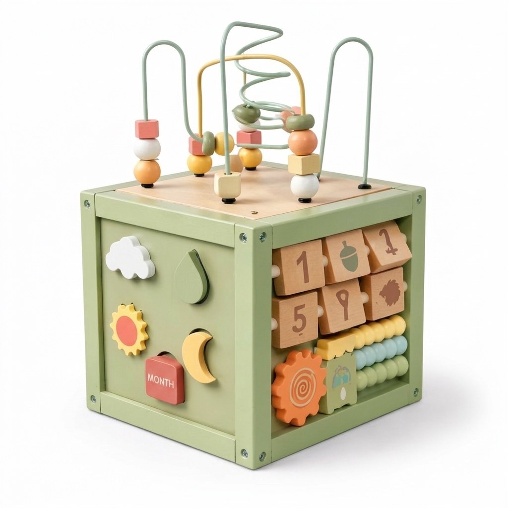 Houten Activiteitenkubus met Kralenspiraal - Montessori - Mintgroen (EN 1)