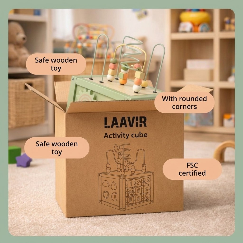 Houten Activiteitenkubus met Kralenspiraal - Montessori - Mintgroen (EN 4)
