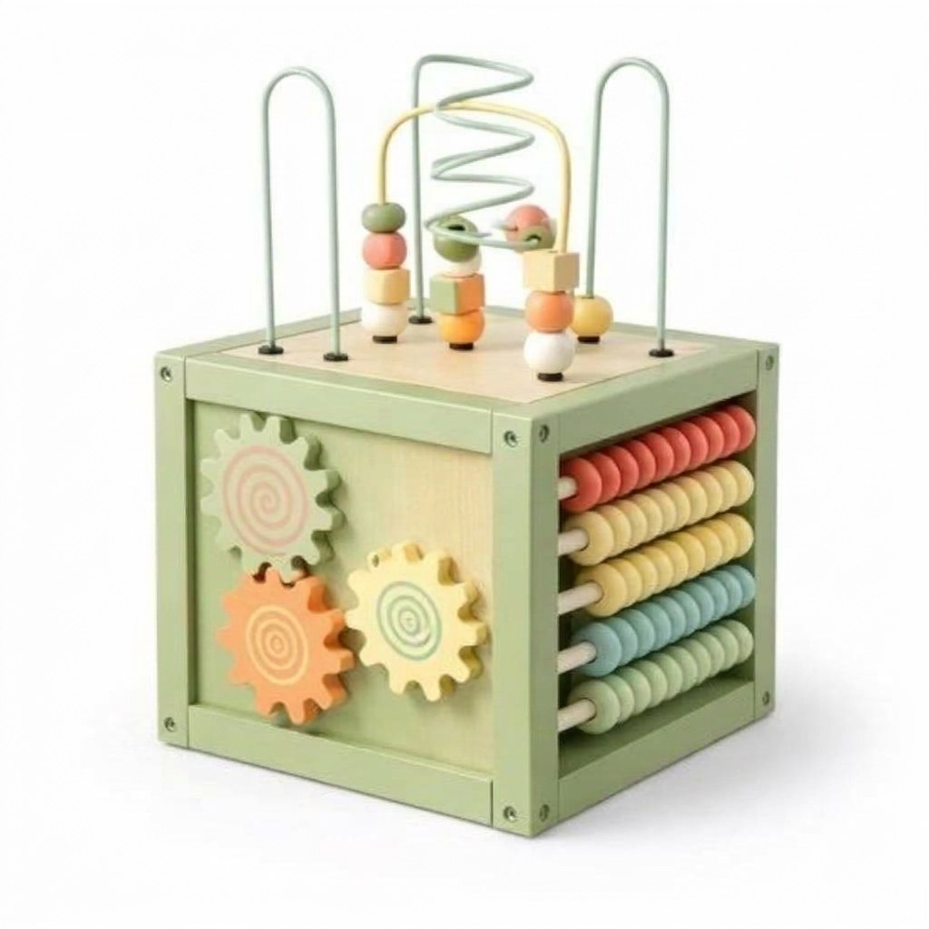 Houten Activiteitenkubus met Kralenspiraal - Montessori - Mintgroen (EN 5)