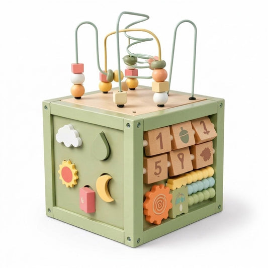 Houten Activiteitenkubus met Kralenspiraal - Montessori - Mintgroen (FR 1)