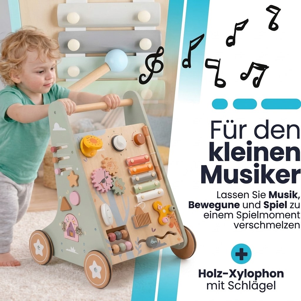 Houten Loopwagen met Activiteitenpaneel - Montessori - Lichtgroen (DE 5)