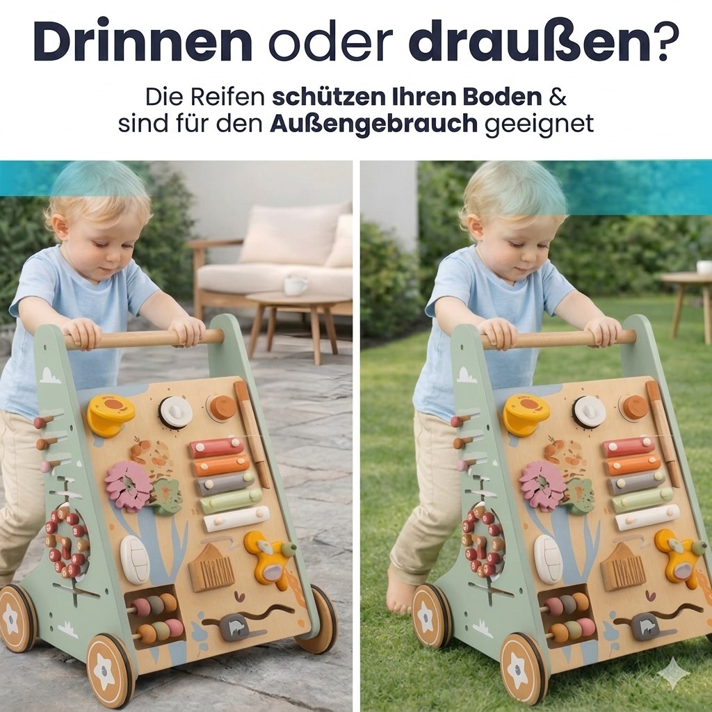Houten Loopwagen met Activiteitenpaneel - Montessori - Lichtgroen (DE 6)