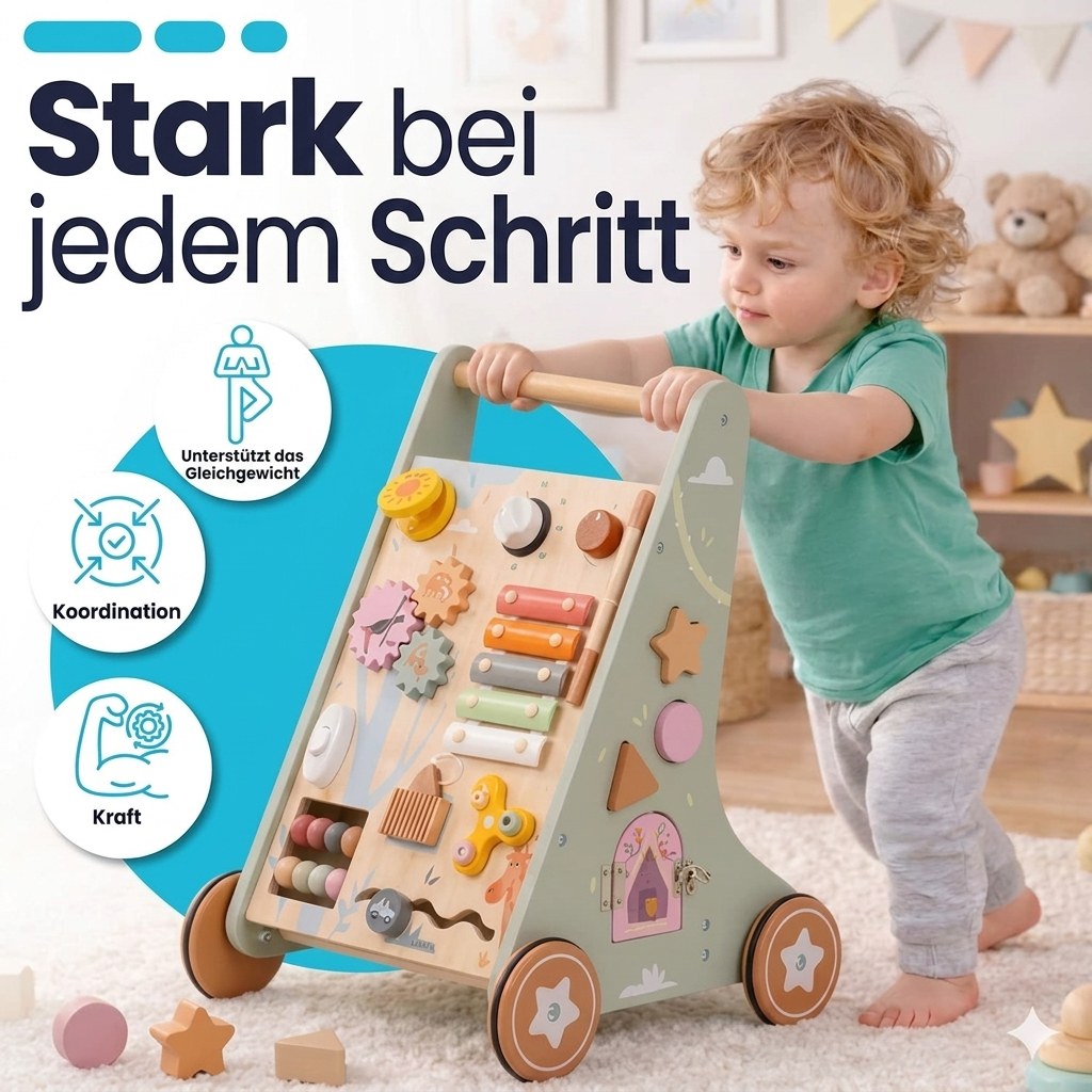 Houten Loopwagen met Activiteitenpaneel - Montessori - Lichtgroen (DE 8)