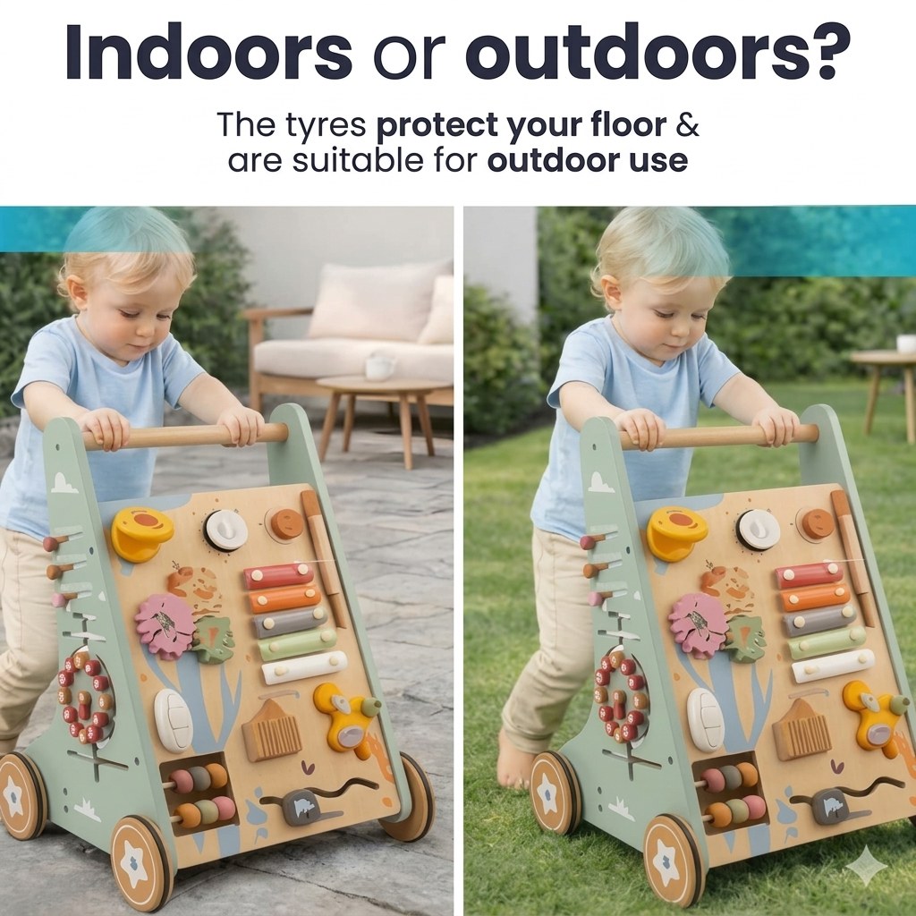Houten Loopwagen met Activiteitenpaneel - Montessori - Lichtgroen (EN 6)