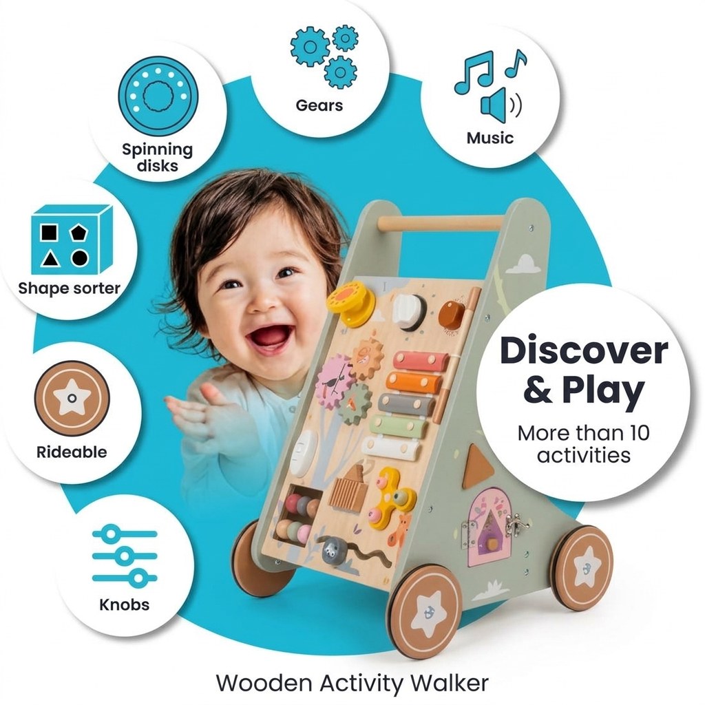 Houten Loopwagen met Activiteitenpaneel - Montessori - Lichtgroen (EN 9)