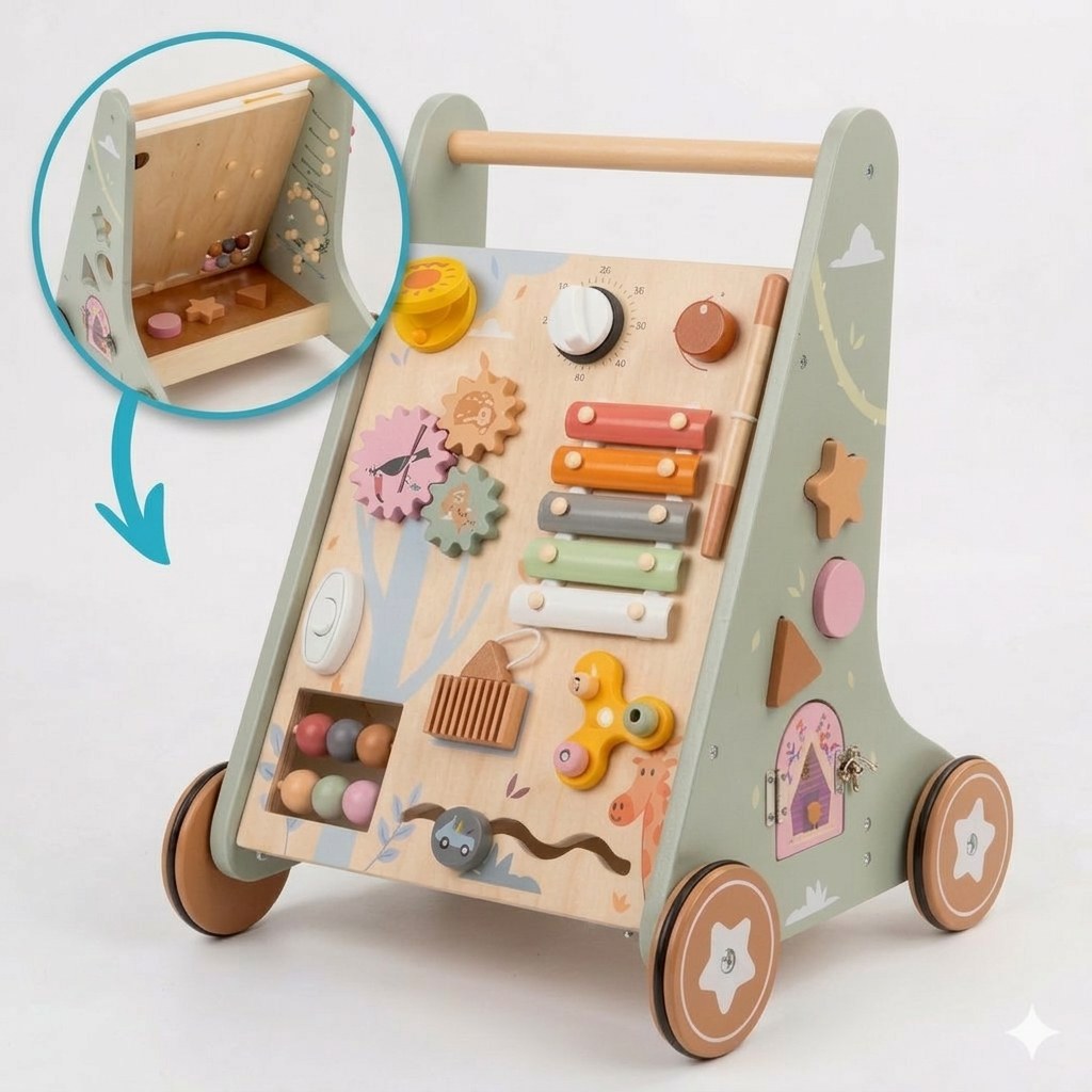 Houten Loopwagen met Activiteitenpaneel - Montessori - Lichtgroen (FR 1)