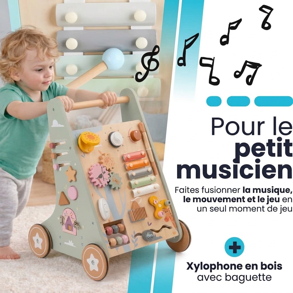 Houten Loopwagen met Activiteitenpaneel - Montessori - Lichtgroen (FR 5)