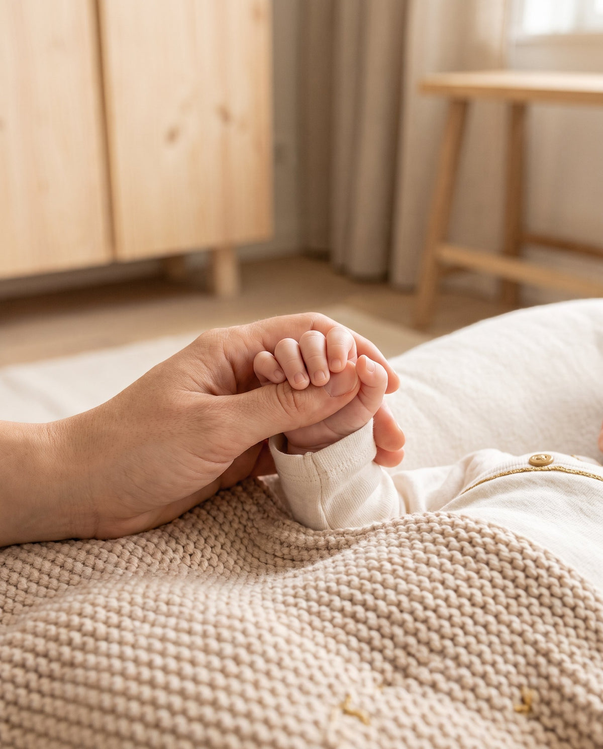 Hand van een ouder houdt een babyhandje vast